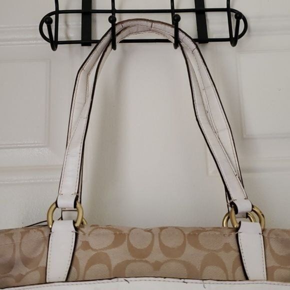 12CM COACH SHOULDER TOTE BAG KHAKI IVORY SIGNATURE JACQUARD HANDBAG PURSE WOMENS - Picture 3 of 13